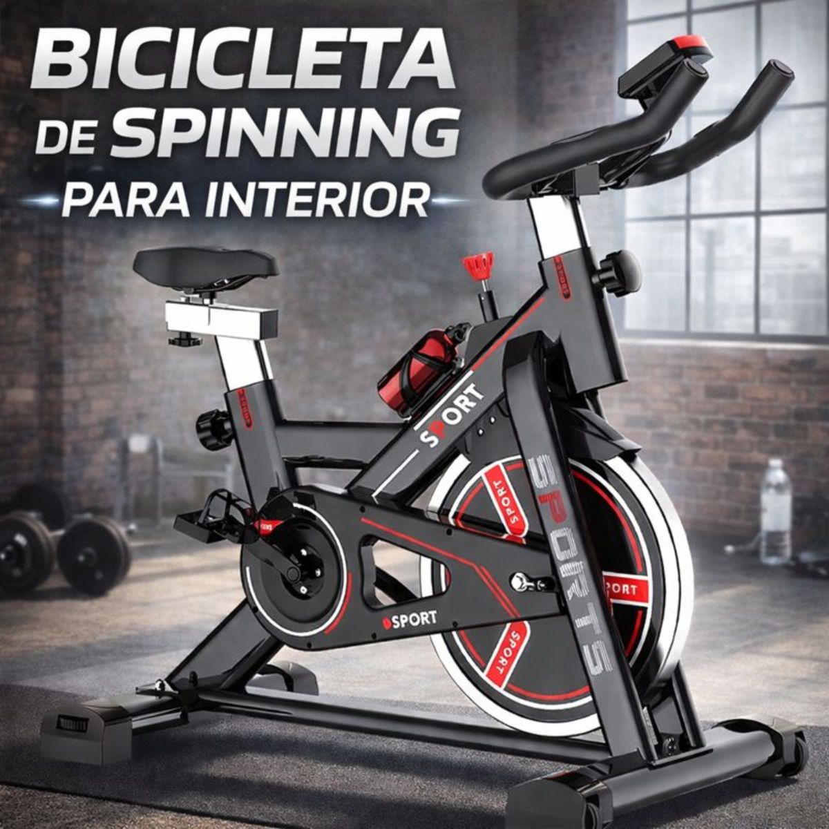 Bicicleta Spinning Estática para interiores con Volante de Inercia y Monitor Digital. Color Negro y rojo (106x120cm).
