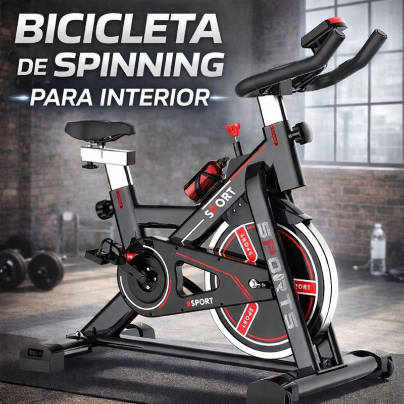 Bicicleta Spinning Estática para interiores con Volante de Inercia y Monitor Digital. Color Negro y rojo (106x120cm).