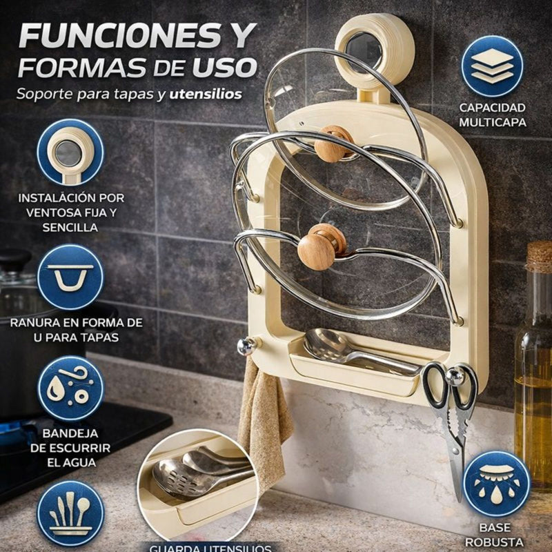 Organizador para Tapas de Ollas. Soporte de 2 niveles Para Tapadera con Ventosa. Color crema (31.5x20.8x3.5cm).
