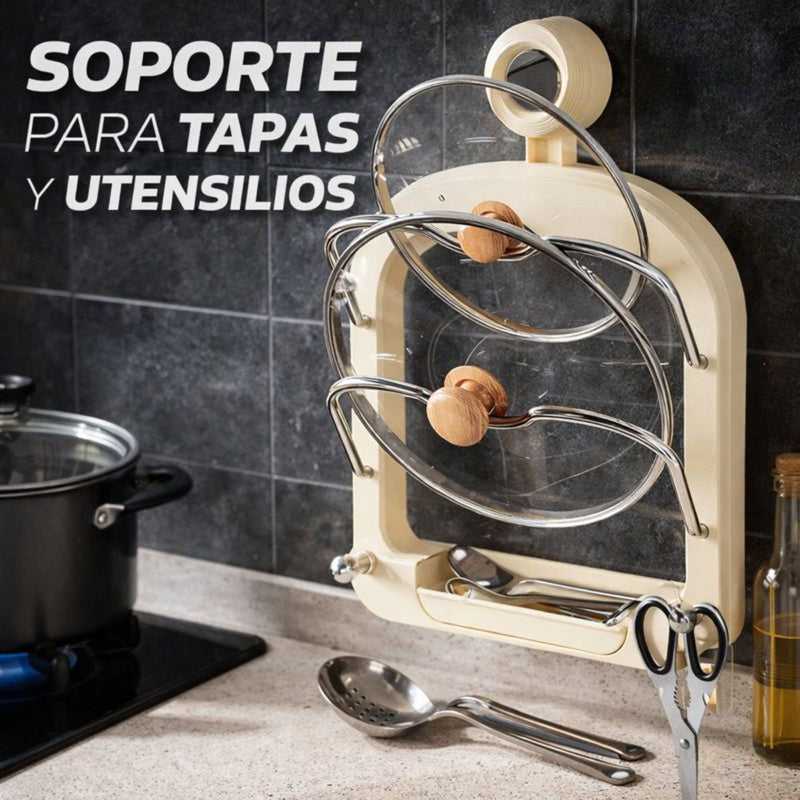 Organizador para Tapas de Ollas. Soporte de 2 niveles Para Tapadera con Ventosa. Color crema (31.5x20.8x3.5cm).