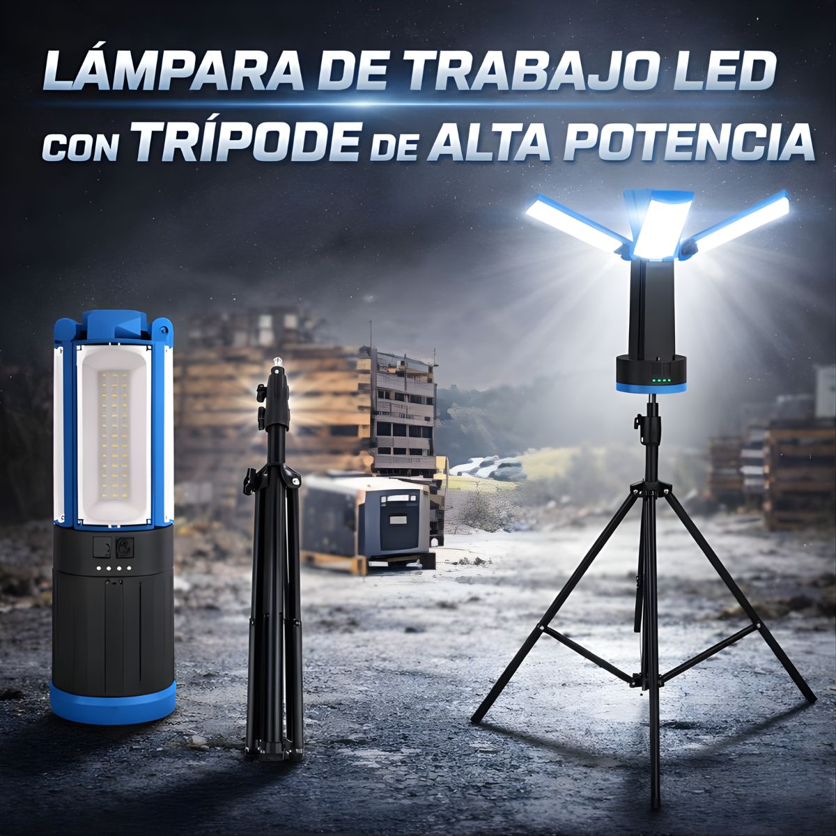 Lámpara Portátil Plegable de 24 W. Linterna Industrial 10,400mAh. Ajustable con Trípode tipo poste Hasta 172 cm. Color azul.