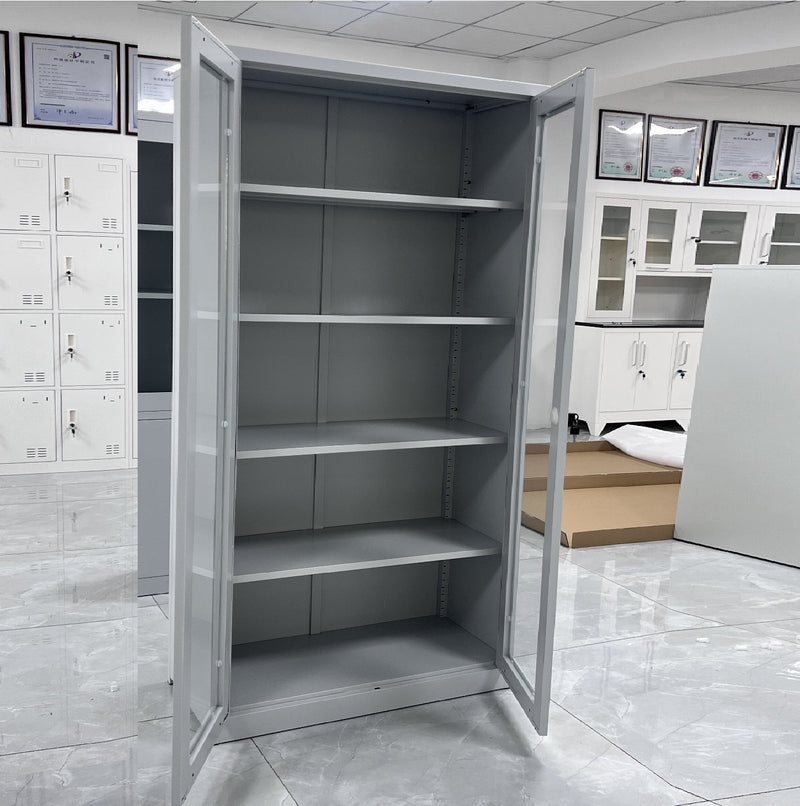 Mueble metalico Gabinete armado estructura plegable con 4 estantes ajustables doble puerta de vidrio  y cierre con llave 1850x900x400mm