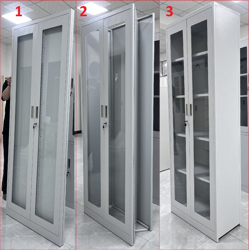 Mueble metalico Gabinete armado estructura plegable con 4 estantes ajustables doble puerta de vidrio  y cierre con llave 1850x900x400mm