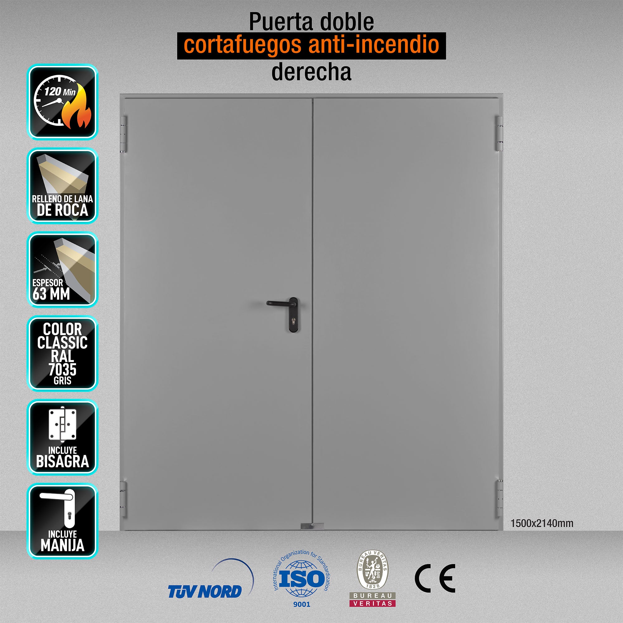 Puerta Cortafuegos anti incendio Doble Derecha EI120 minutos 1500x2140mm marco MC3 color Gris 7035