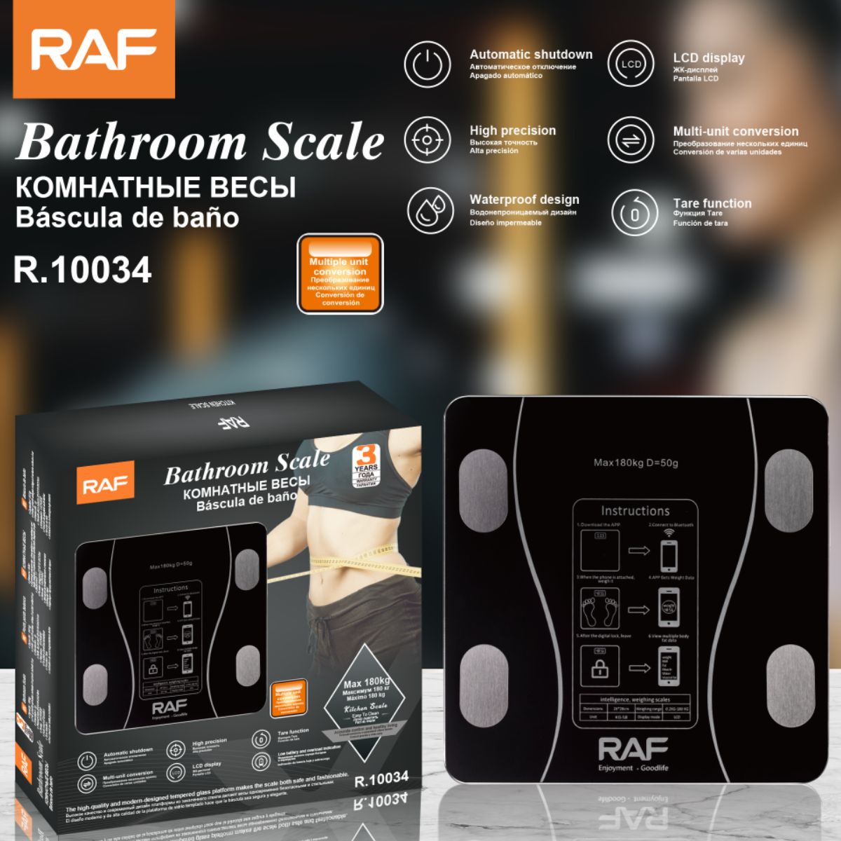 Báscula Digital de Baño 180kg con Pantalla LCD. Balanza de Alta Precisión. Pesa Electrónica Impermeable. Color negro.