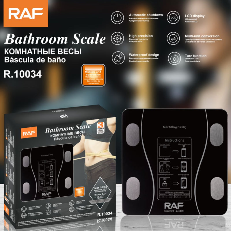 Báscula Digital de Baño 180kg con Pantalla LCD. Balanza de Alta Precisión. Pesa Electrónica Impermeable. Color negro.