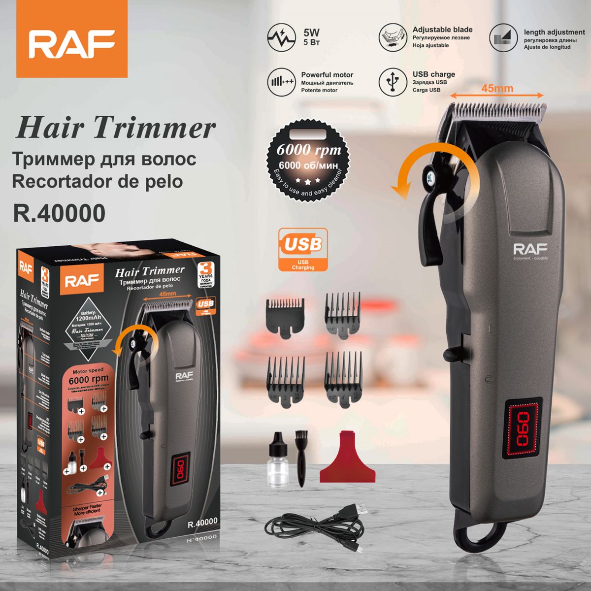 Cortadora de Cabello Eléctrica Profesional 10W Recargable USB. Pantalla Digital y Cuchillas de Acero Inoxidable.