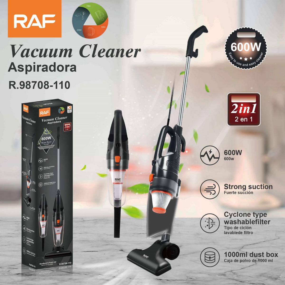 Aspiradora Eléctrica 2 en 1 600W 110V. Aspiradora Vertical y de Mano con Filtro Lavable. Depósito de Polvo de 1L.