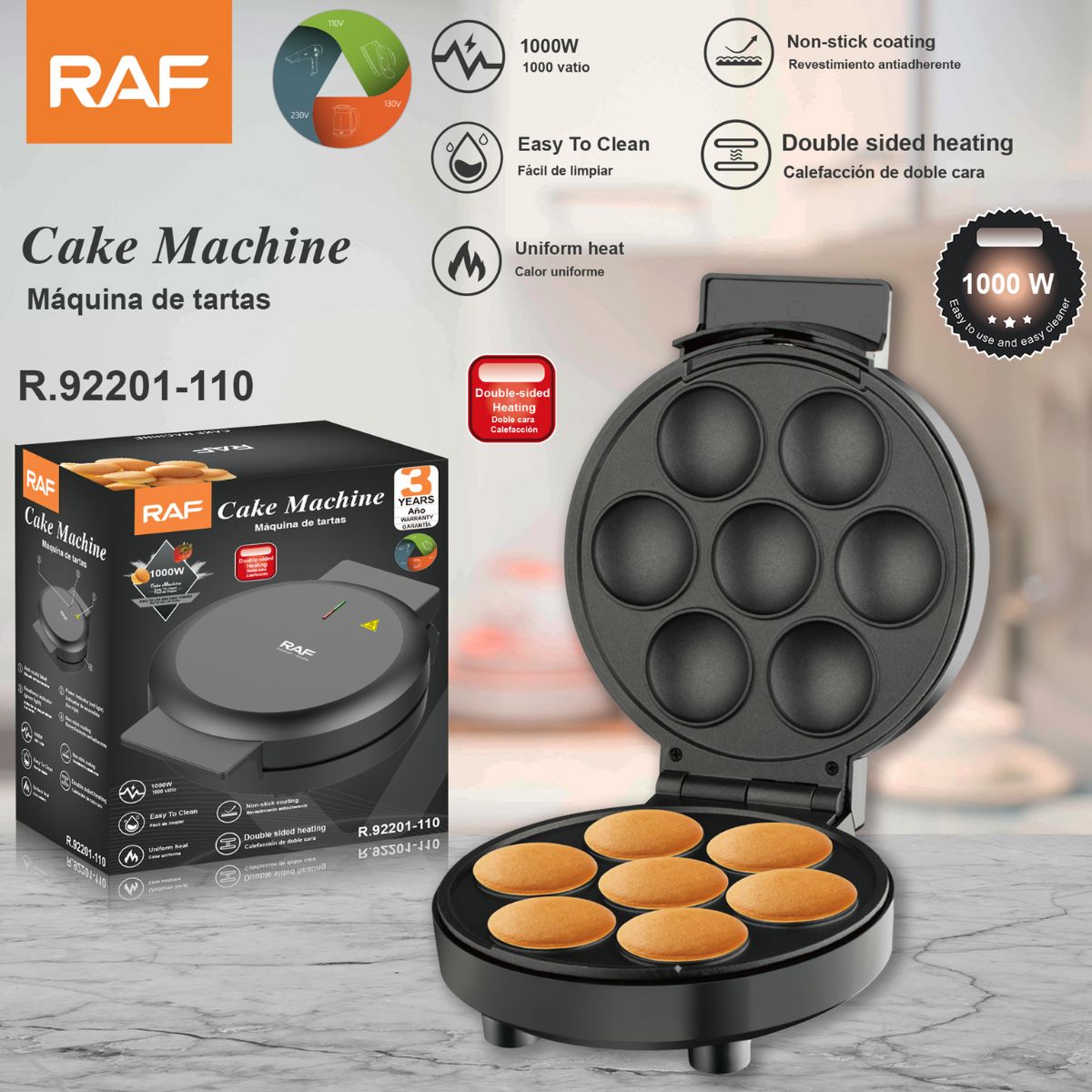 Máquina para Mini Pancakes 1000W 110V. Plancha Eléctrica para Ponquecitos y Tartas. Antiadherente con Calor Doble.