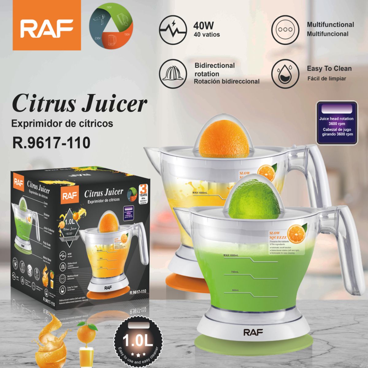 Exprimidor de Cítricos Eléctrico 1L 40W. Extractor de zumo con Rotación Bidireccional. Ideal para Naranja, Limón y Toronja.
