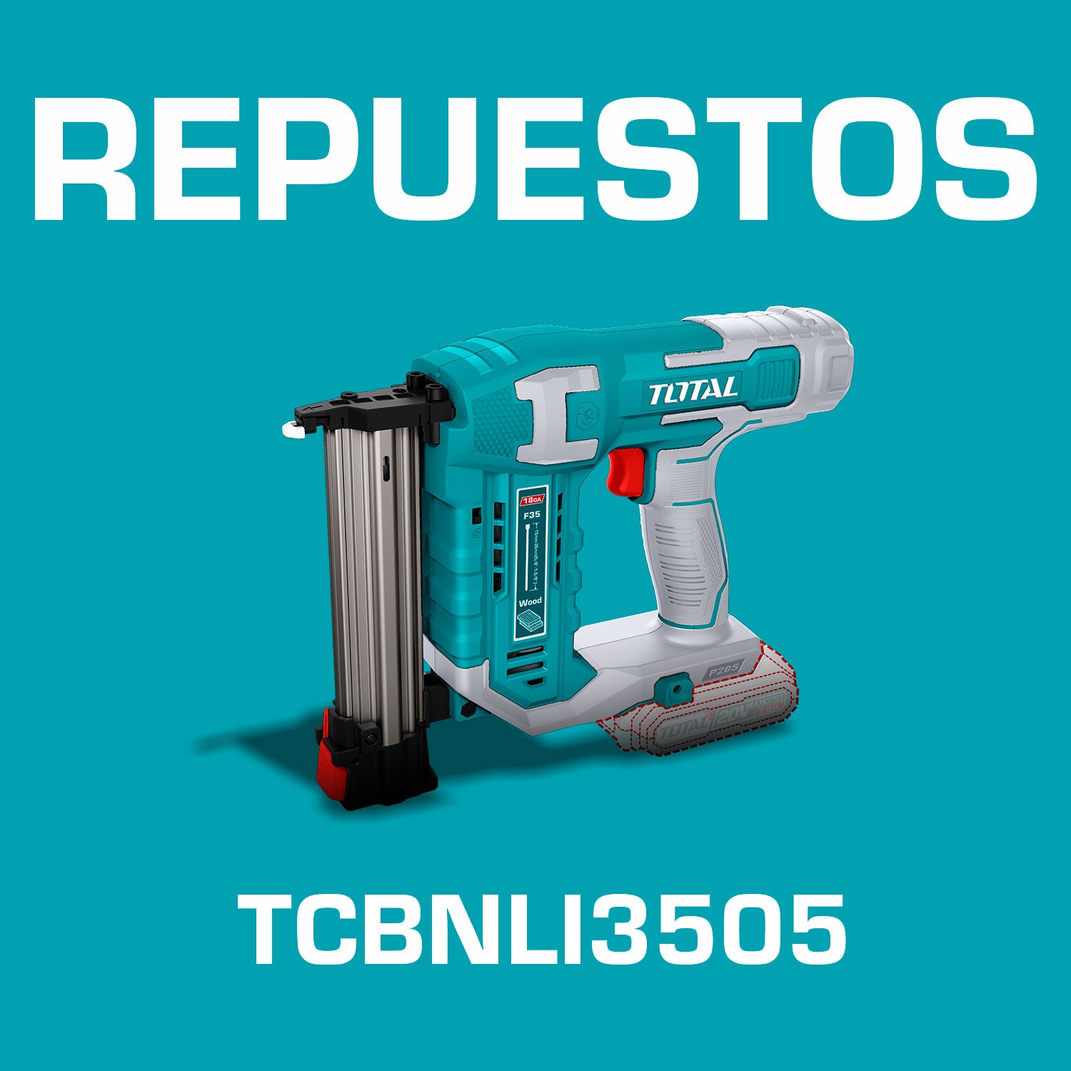 Repuestos Clavadora madera inalámbrica 20V de iones de litio. Clavos tipo F15~F35. Codigo TCBNLI3505