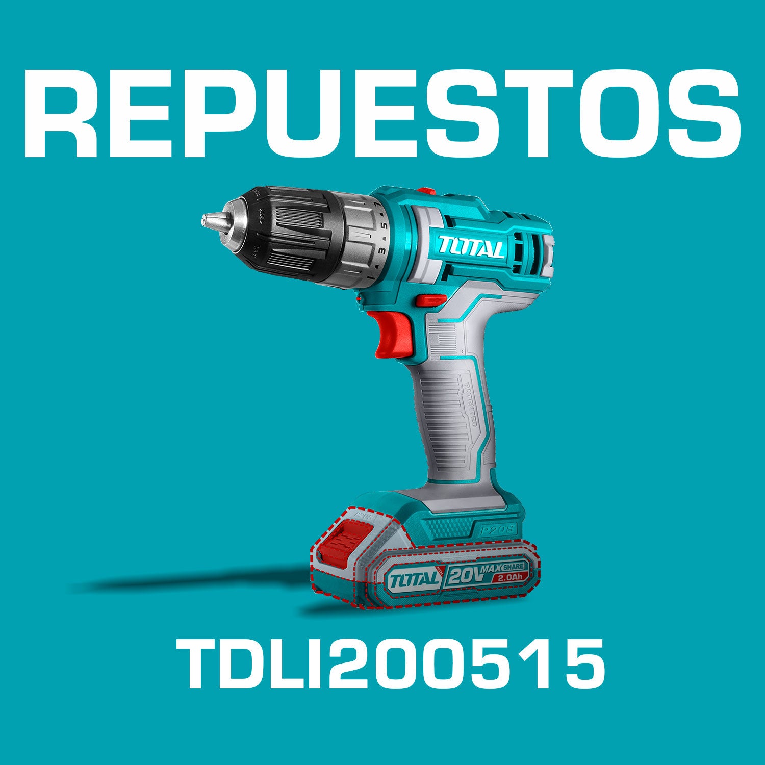 Repuestos Taladro Inalámbrico 20V de 3/8" 45Nm 0-1500rpm. No incluye batería ni cargador. Codigo  TDLI200515