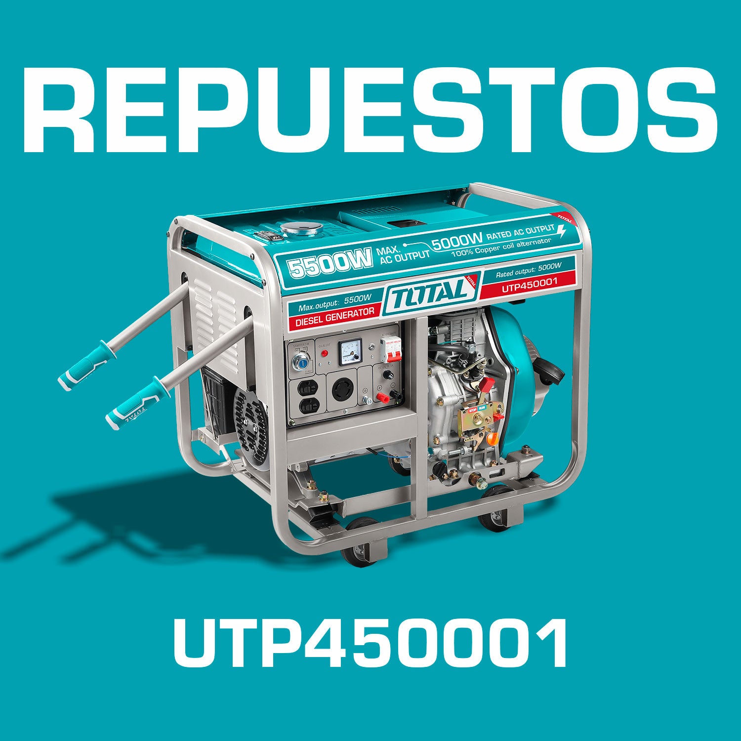 Repuestos Generador Diésel Monofásico, 110 - 220V~50/60Hz, Motor Diesel de 9.0 HP TOTAL, (6 meses) Codigo  UTP450001