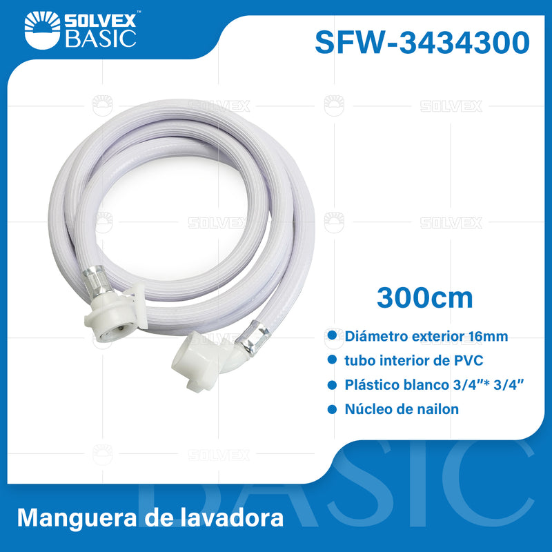 Manguera de Abasto para Lavadora 300cm 3/4"x3/4". Tubo PVC Reforzado.