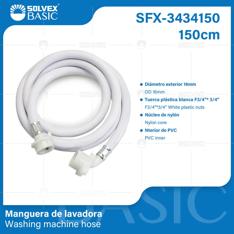 Manguera de Abasto para Lavadora 150cm 3/4"x3/4". Tubo PVC Reforzado.
