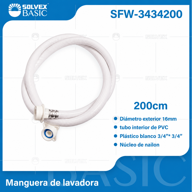 Manguera de Abasto para Lavadora 200cm 3/4"x3/4". Tubo PVC Reforzado.