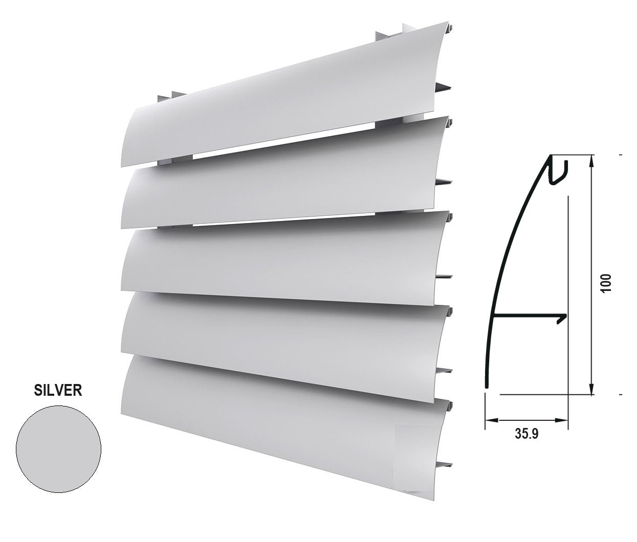 Lama Louver Curva Silver para clipar en marco U127 Ancho 100x35x1mm 5800 mm long.