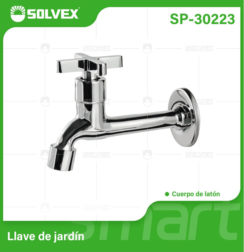 Llave de jardín de latón cromado. Grifo de pared largo con válvula de agua y tapa de acero inoxidable.
