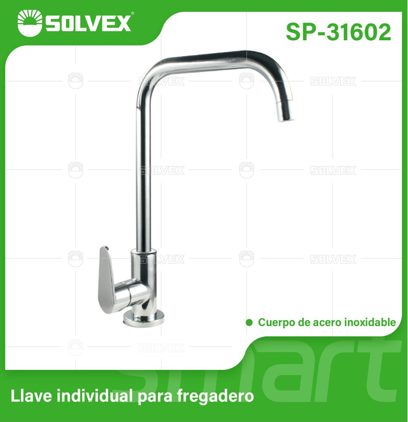 Llave de fregador Individual. Color Cromado Brillante. Grifo para Cocina. Pluma de Acero Inoxidable.