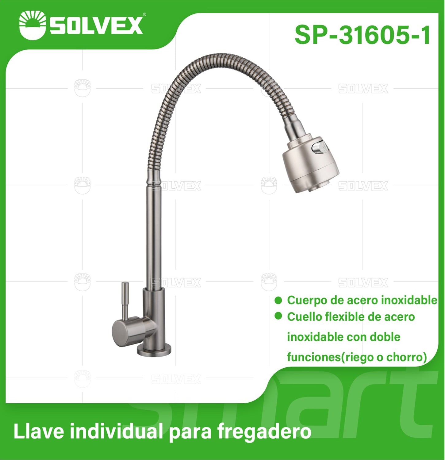 Llave de fregador Individual. Acabado satinado. Grifo para Cocina. Pluma de Acero Inoxidable con Cuello Flexible y Doble Función.