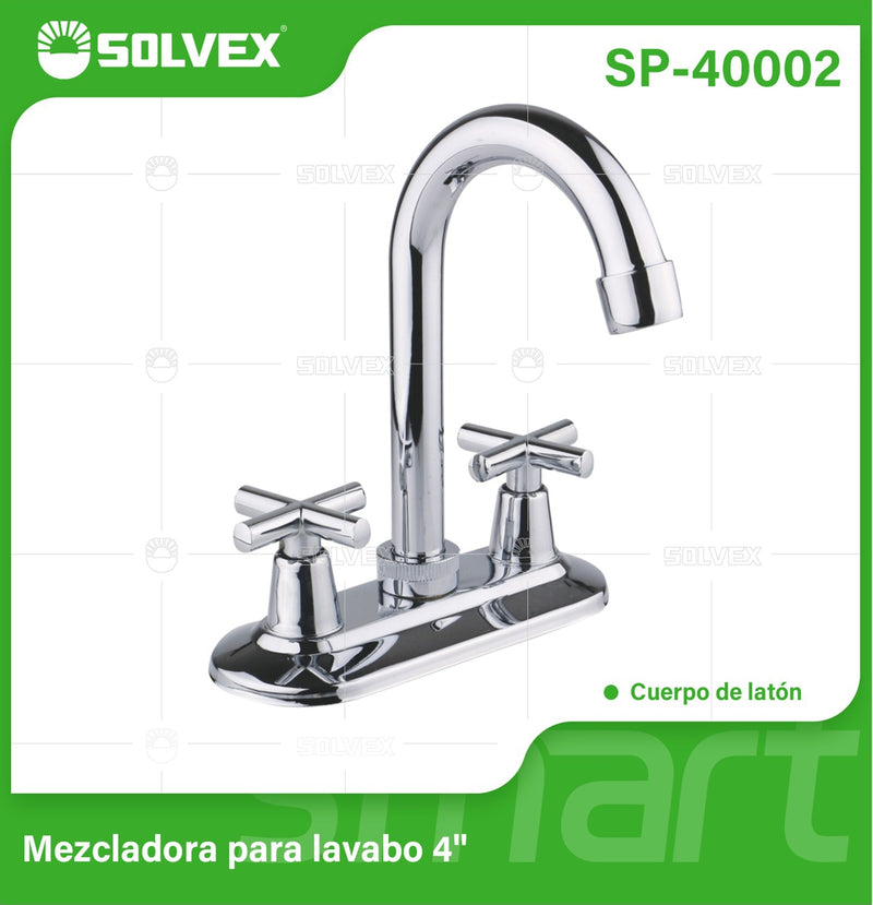 Llave Mezcladora 4" Para Lavamanos Tipo Bar. Pluma grifo de Cuello Alto Giratorio y Manijas de Cruz. Agua Fría y Caliente.