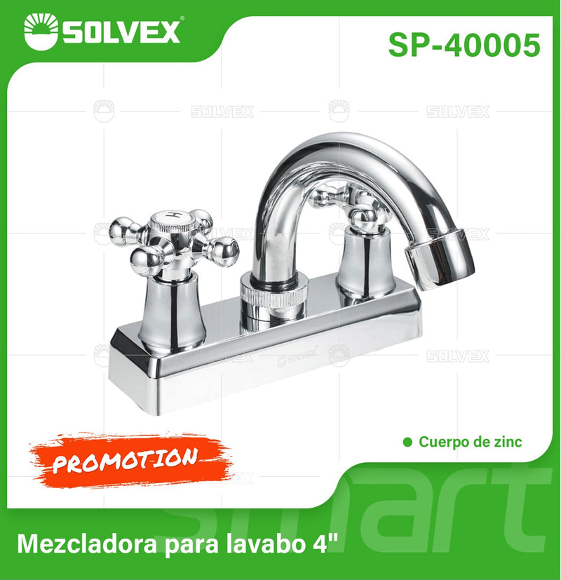 Llave Mezcladora 4" Para Lavamanos Con Cubierta Y Manerales Tipo Cruz. Pluma grifo con Modo Frío Y Caliente.