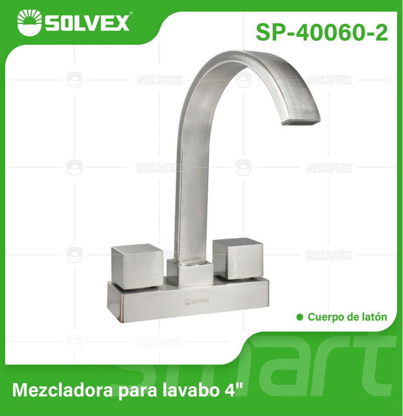 Llave Mezcladora 4" Para Lavamanos o fregador Tipo Bar. Grifo con Manerales Cuadrados y Pluma Alta Cromada. Acabado satinado.