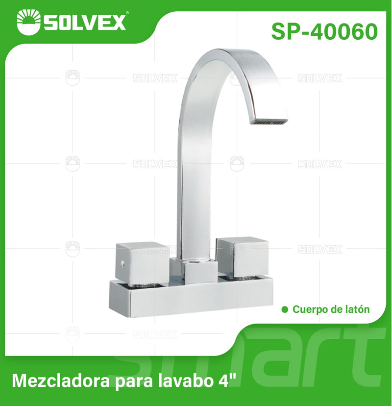Llave Mezcladora 4" Para Lavamanos o fregador Tipo Bar. Grifo con Manerales Cuadrados y Pluma Alta Cromada.