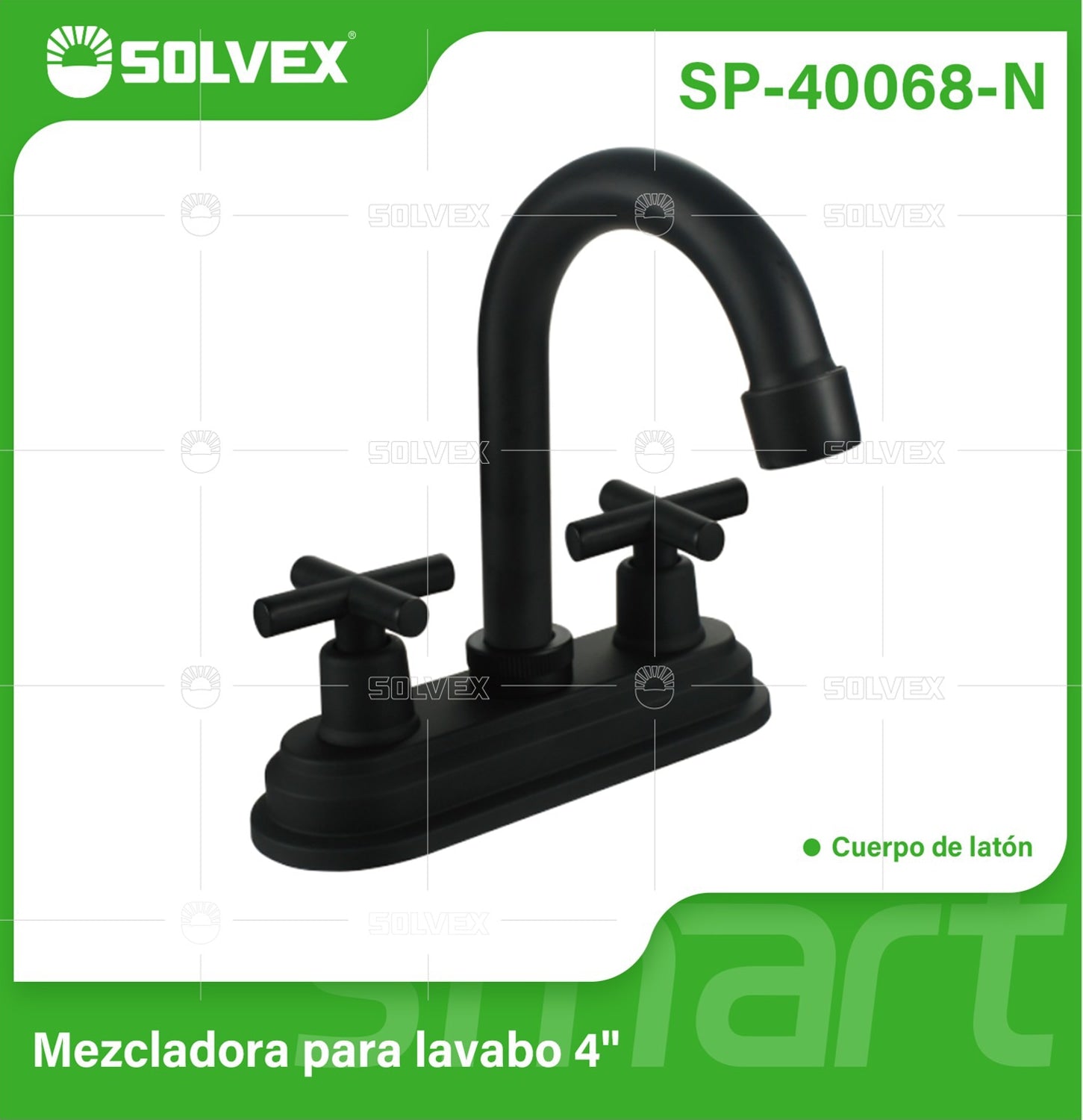 Llave Mezcladora 4" Para Lavamanos Con Cubierta y Manerales Tipo Cruz. Pluma Giratoria en color negro.