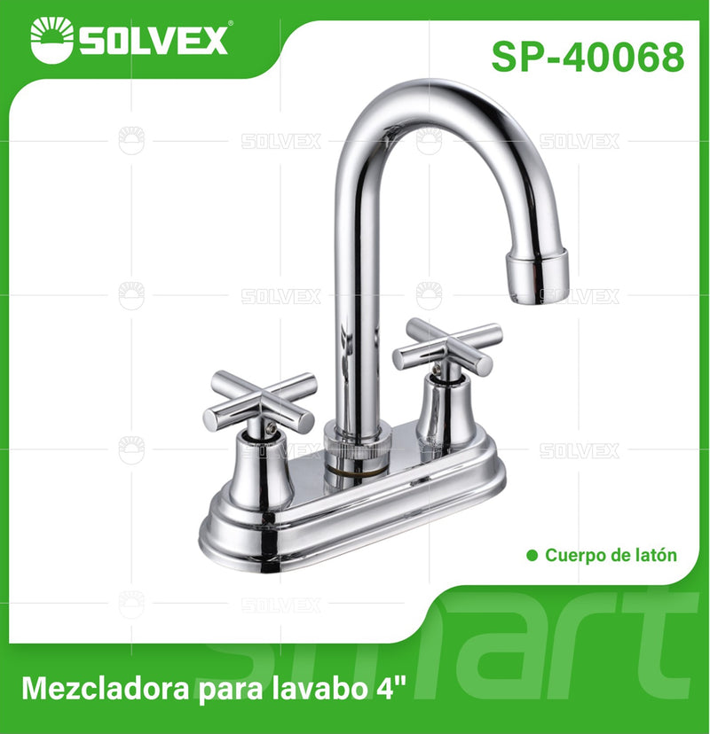 Llave Mezcladora 4" Para Lavamanos Con Cubierta y Manerales Tipo Cruz. Pluma Giratoria Con Modo Frío y Caliente.