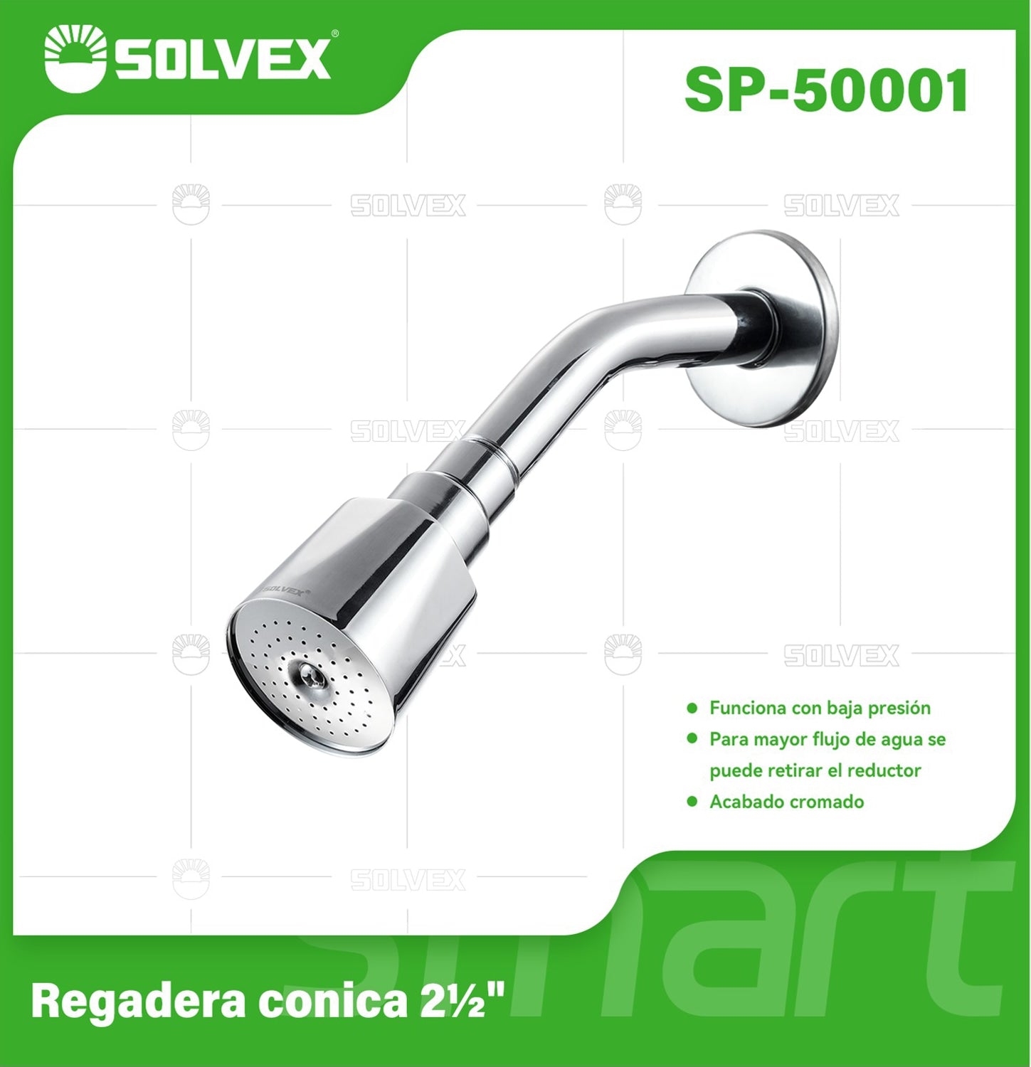 Regadera para Ducha Cónica 2½” Cromada. Cabezal de Alta Eficiencia con Opción de Mayor Caudal.