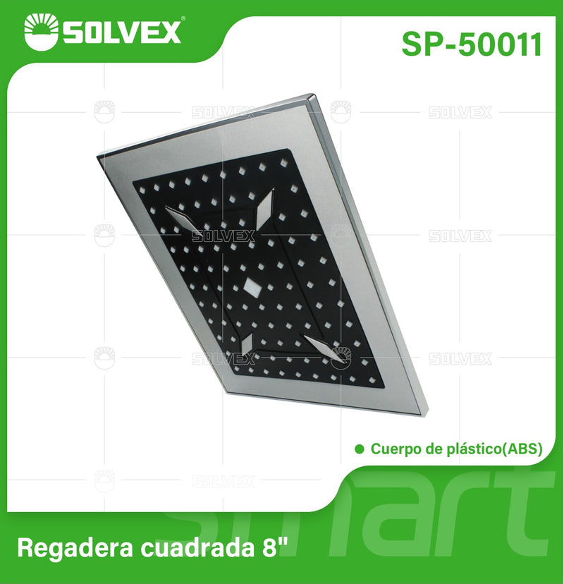 Regadera para Ducha Cuadrada 8" Cromada. Cabezal Plástico ABS con Bola de Latón.