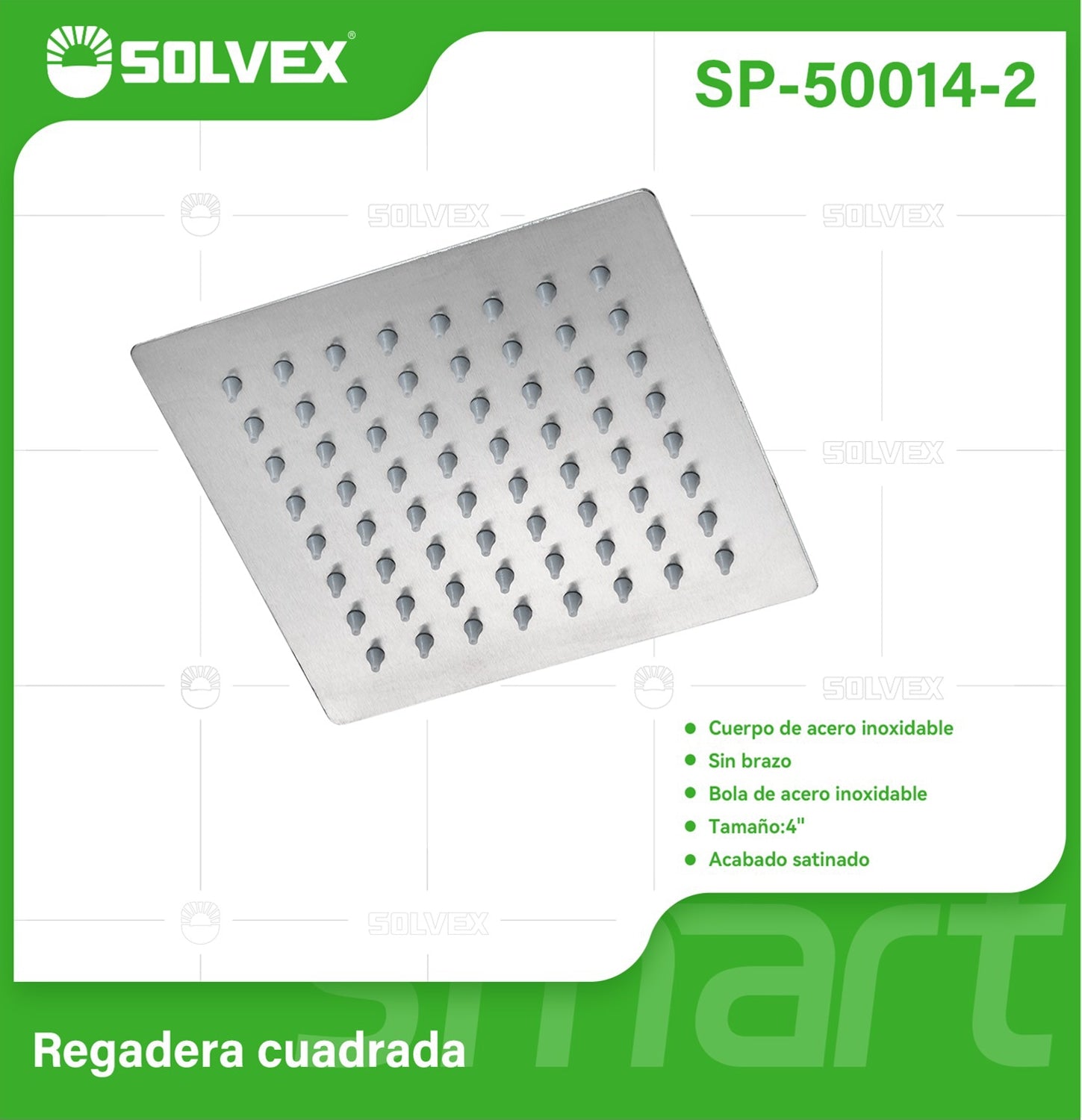 Cabezal de Ducha cuadrado 4" Satinado. Regadera de Acero Inoxidable cepillada.