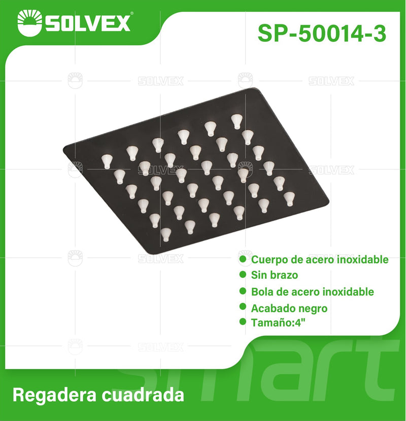 Regadera para Ducha cuadrada 4". Cabezal de Acero Inoxidable con Acabado negro Mate.