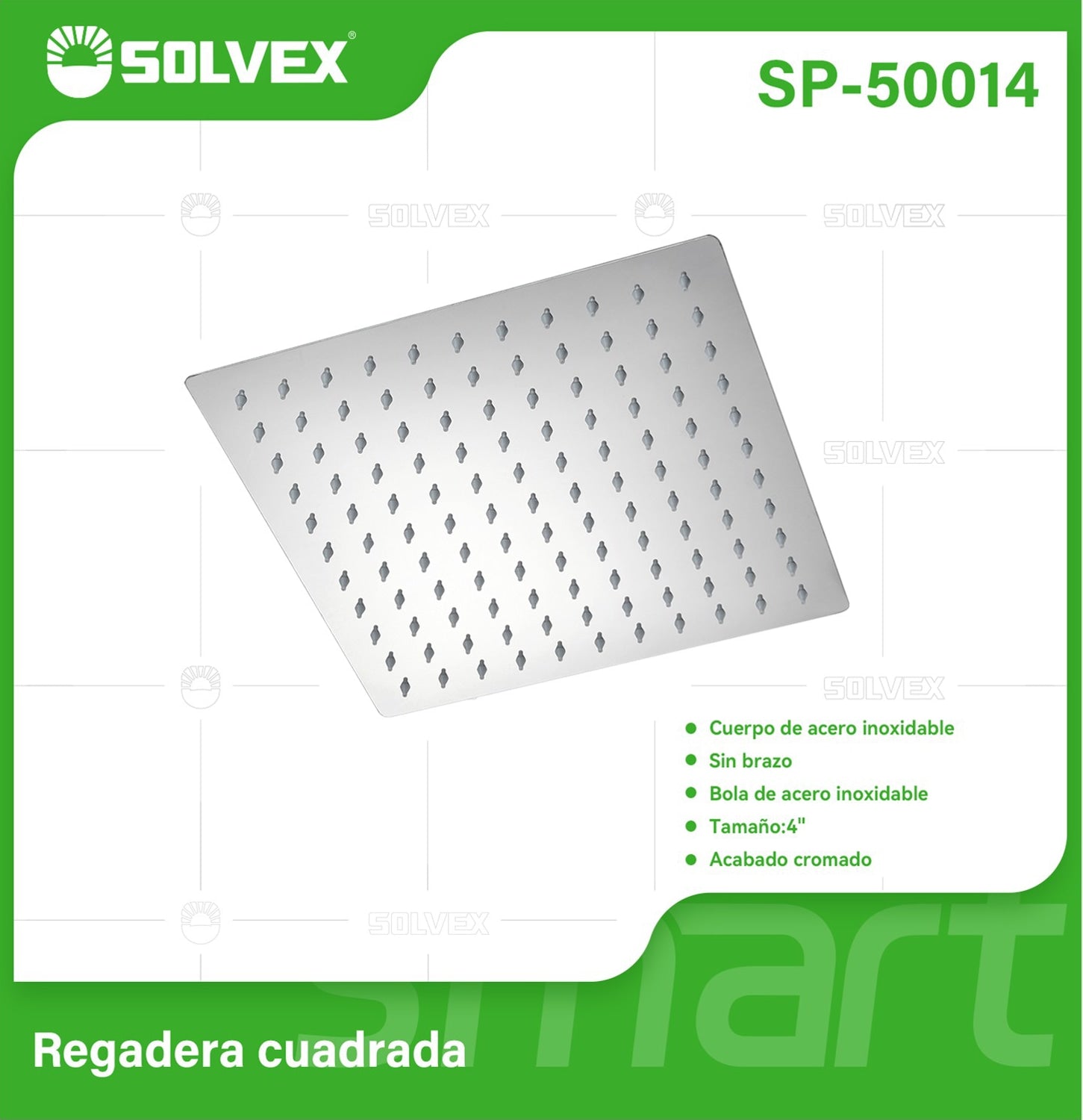 Cabezal de Ducha cuadrado 4". Regadera de Acero Inoxidable Cromada.