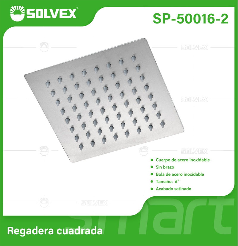 Cabezal de Ducha cuadrado 6" Satinado. Regadera de Acero Inoxidable cepillada.