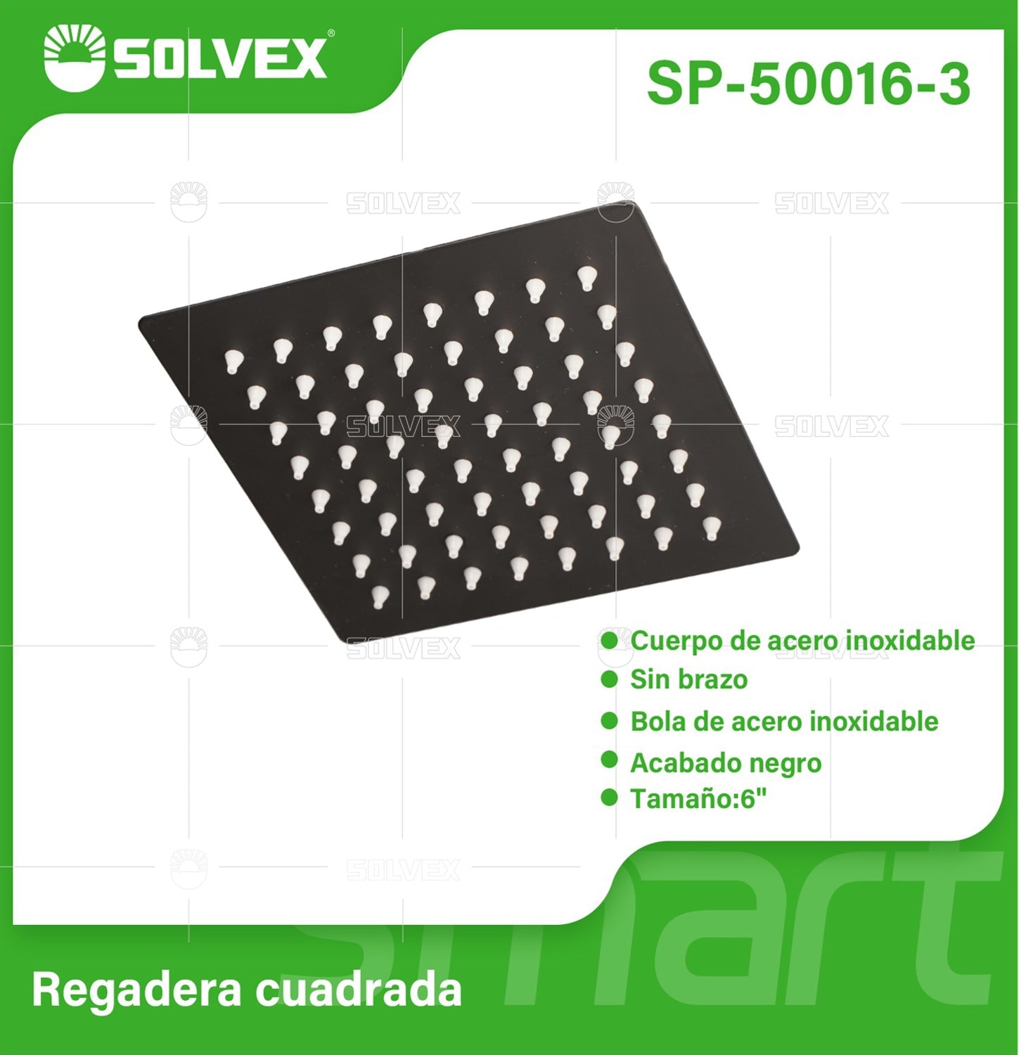 Regadera para Ducha cuadrada 6". Cabezal de Acero Inoxidable con Acabado negro Mate.
