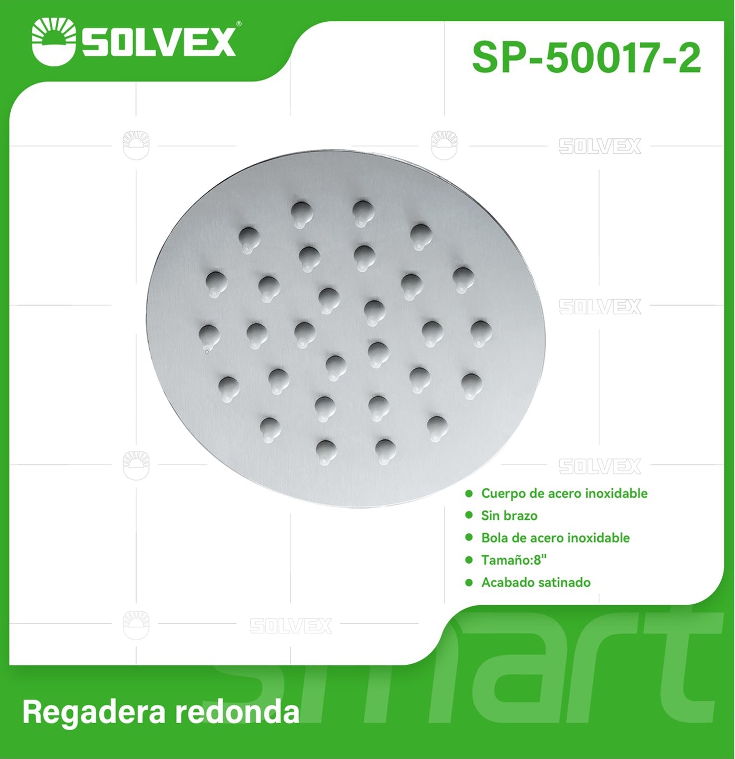 Cabezal de Ducha Redondo 8" Satinado. Regadera de Acero Inoxidable cepillada.