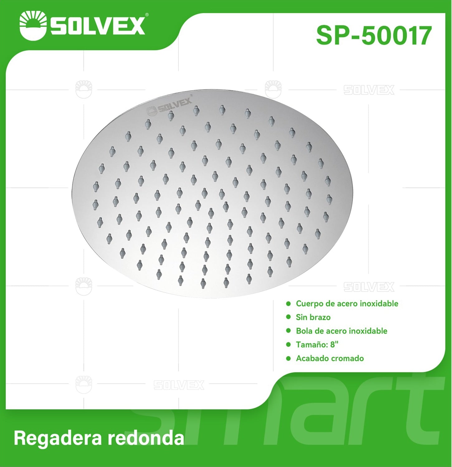 Cabezal de Ducha Redondo 8". Regadera de Acero Inoxidable Cromada.