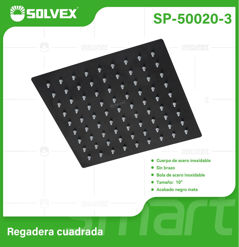 Regadera para Ducha cuadrada 10". Cabezal de Acero Inoxidable con Acabado negro Mate.