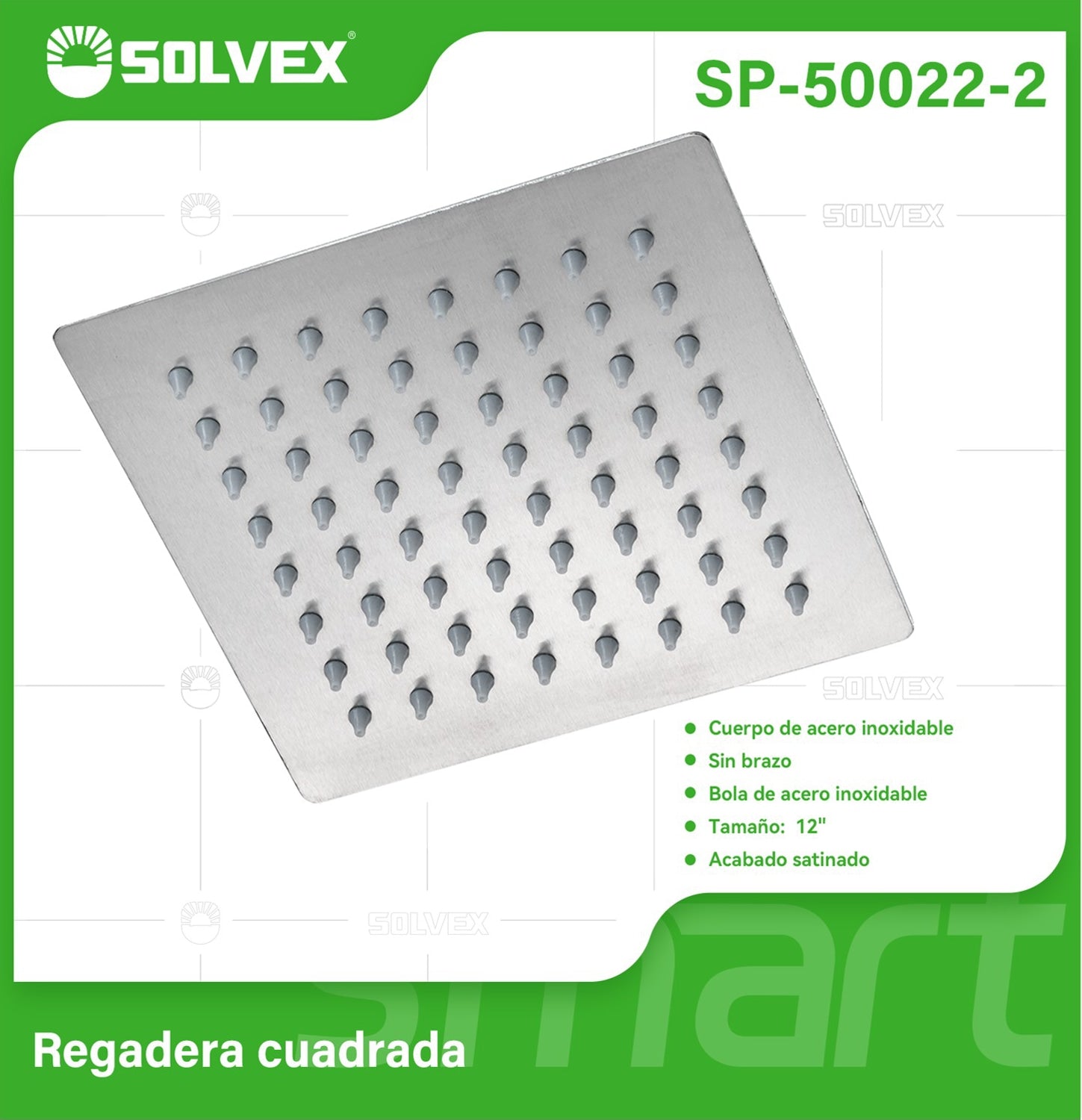 Cabezal de Ducha cuadrado 12" Satinado. Regadera de Acero Inoxidable cepillada.