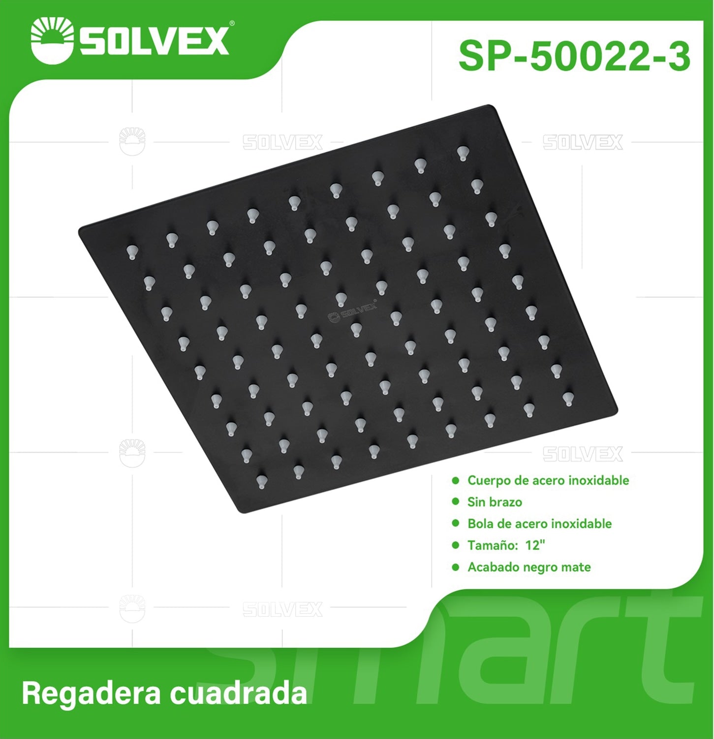 Regadera para Ducha cuadrada 12". Cabezal de Acero Inoxidable con Acabado negro Mate.