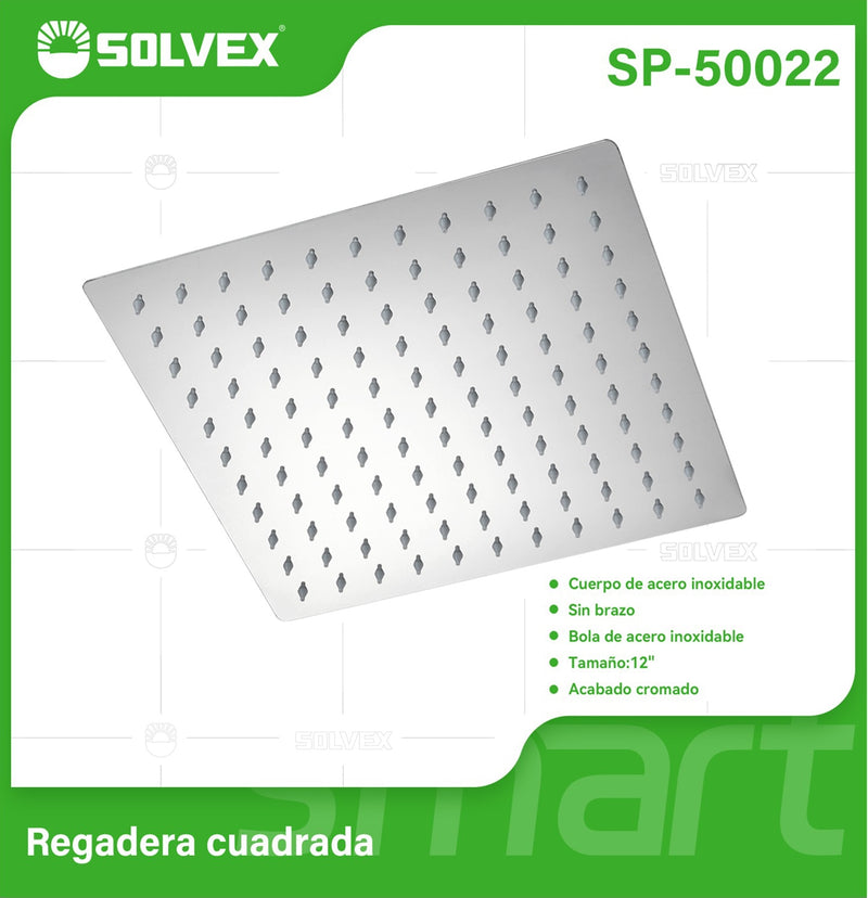 Cabezal de Ducha cuadrado 12". Regadera de Acero Inoxidable Cromada.
