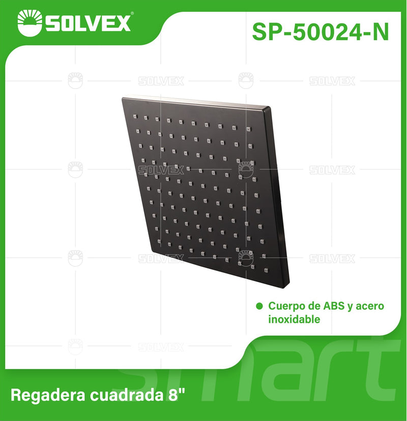 Regadera para Ducha Cuadrada 8" Negra. Cabezal de ABS y Acero Inoxidable Resistente.