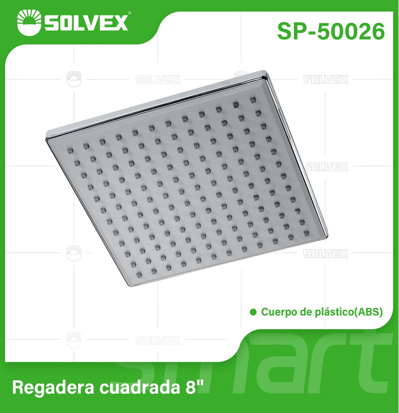 Regadera para Ducha Cuadrada 8" Cromada. Cabezal de Plástico ABS Resistente.