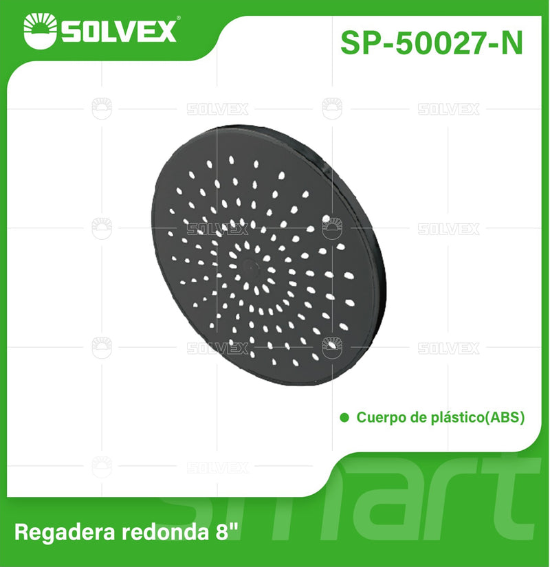 Regadera para Ducha Redonda 8" Negra. Cabezal de Plástico ABS Resistente.