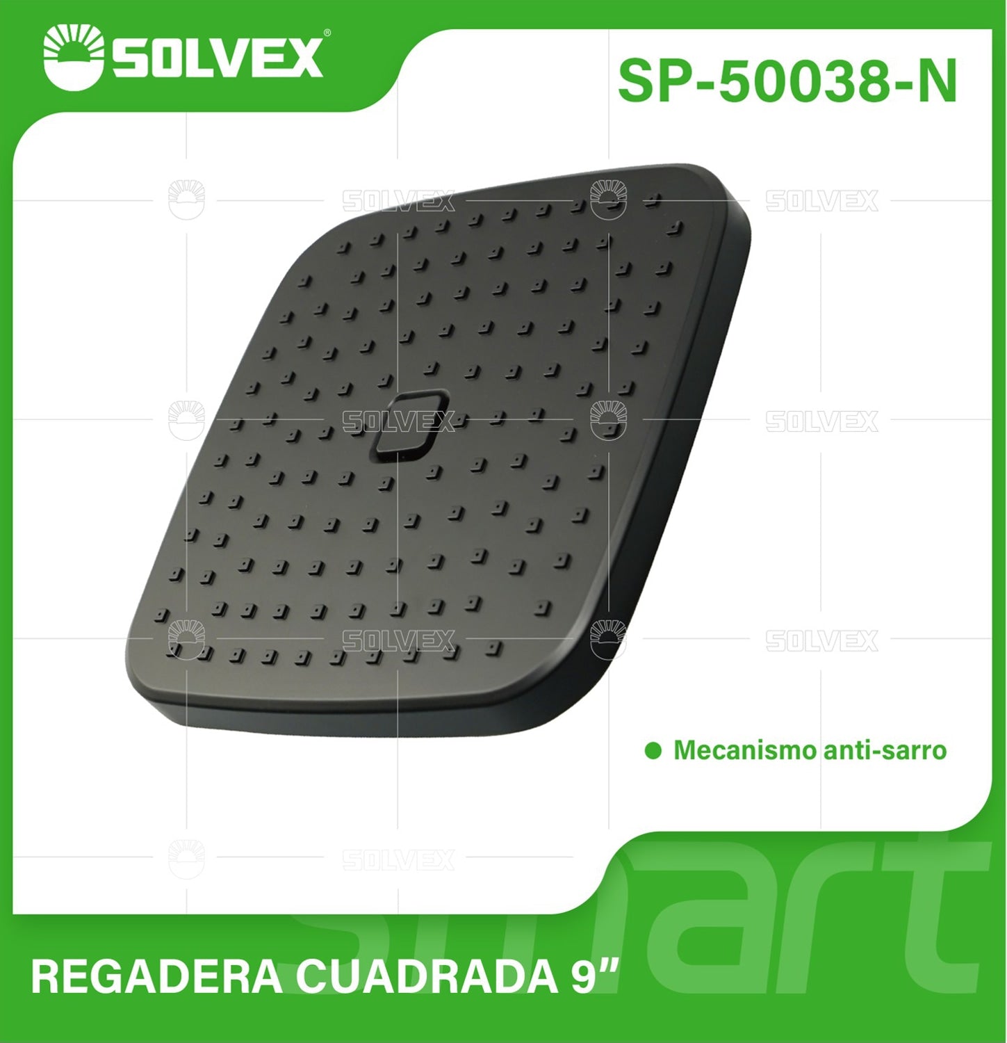 Regadera para Ducha Cuadrada 9" Negra. Cabezal de Plástico ABS con Mecanismo Antical.