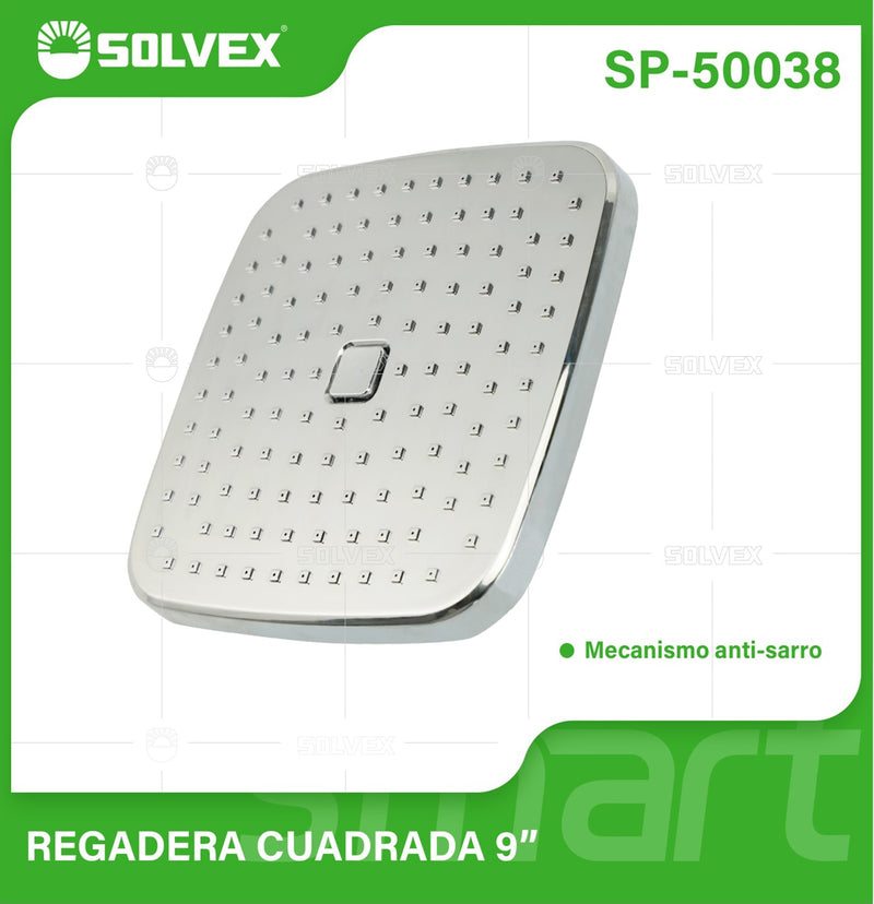 Regadera para Ducha Cuadrada 9" Cromada. Cabezal de Plástico ABS con Mecanismo Antical.