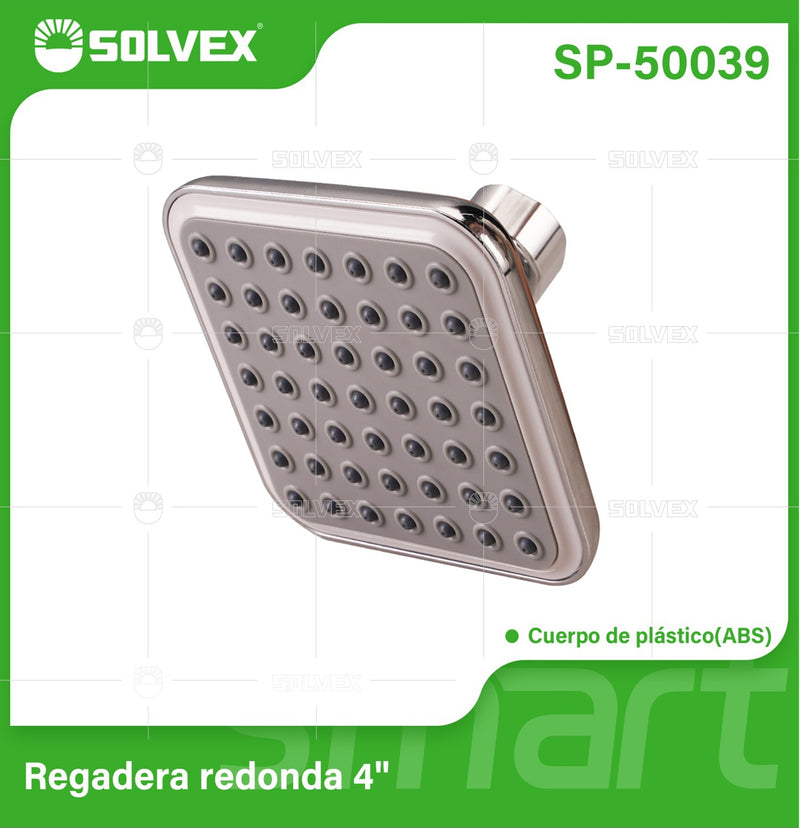 Regadera para Ducha Cuadrada 4" Cromada. Cabezal de Plástico ABS Resistente.