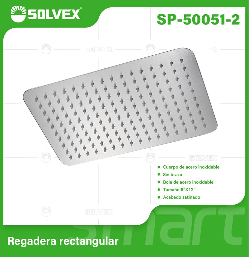 Regadera para Ducha Rectangular 8"x12" Satinada. Cabezal de Acero Inoxidable Cepillado.